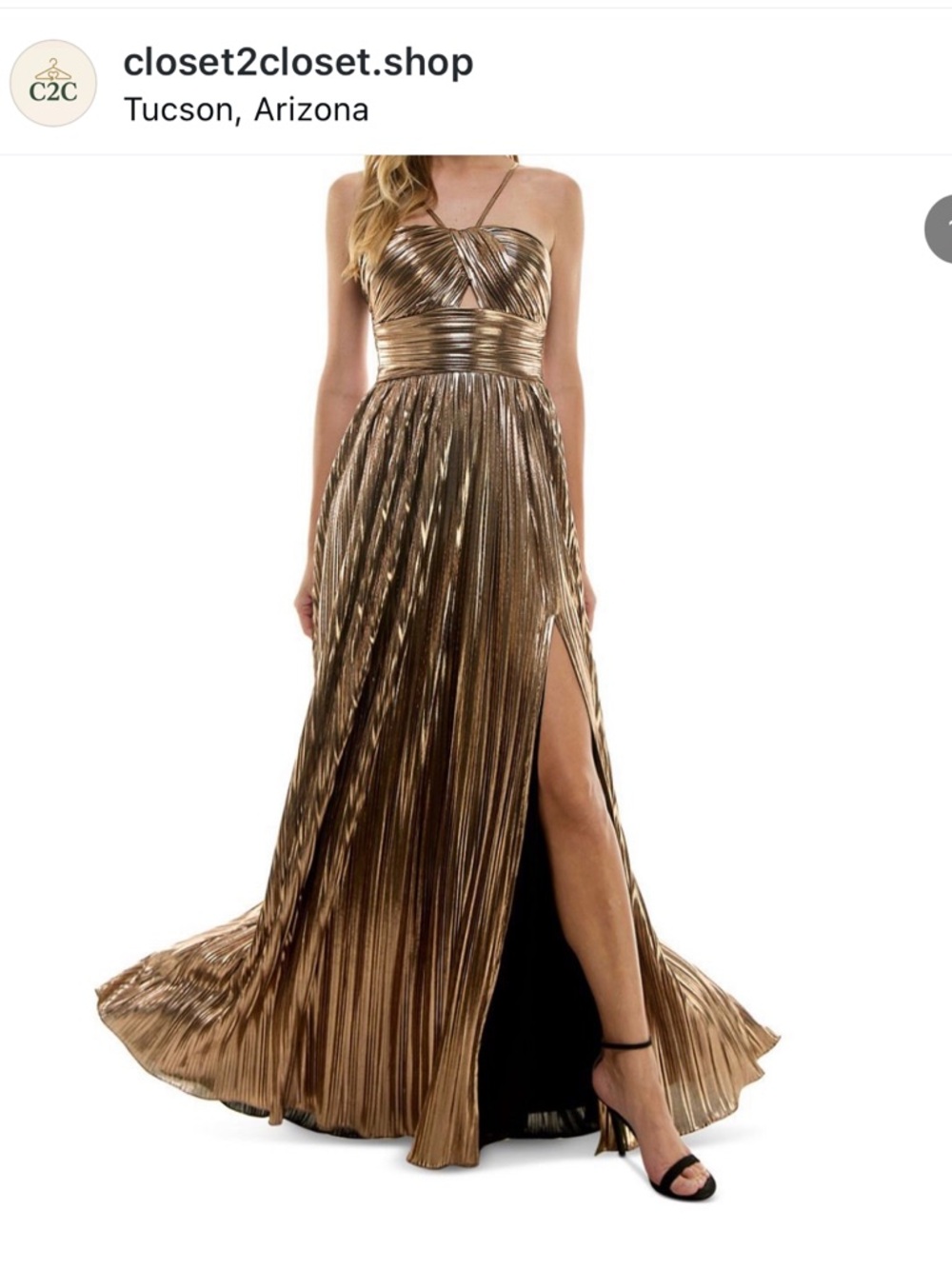 Metallic Gold Pleated Prom Gown with Thigh Slit